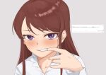  1girl blush brown_hair clenched_teeth copyright_request finger_in_mouth grey_background hand_up highres long_hair long_sleeves looking_at_viewer mouth_pull osame sanpaku shirt solo teeth translation_request upper_body violet_eyes white_shirt 