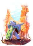  absurdres autumn autumn_leaves black_eyes chesnaught closed_mouth commentary day highres likey looking_to_the_side no_humans outdoors pokemon pokemon_(creature) solo standing tree white_fur 