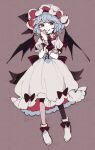  1girl ascot back_bow bangs bat_wings black_bow black_neckwear blue_hair bow commentary_request dress full_body hand_to_own_mouth hand_up hat hat_ribbon mob_cap mozukuzu_(manukedori) red_eyes remilia_scarlet ribbon shoes short_hair short_sleeves smile solo touhou white_dress white_footwear white_headwear wings wrist_cuffs 