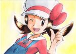  1girl ;d blue_overalls bow brown_eyes brown_hair cabbie_hat commentary_request eyelashes hand_up hat hat_bow highres long_hair lyra_(pokemon) oka_mochi one_eye_closed open_mouth overalls pokemon pokemon_(game) pokemon_hgss red_bow red_shirt shirt smile solo tongue traditional_media twintails upper_body white_headwear yellow_background 