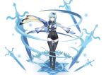  1girl bangs black_legwear black_leotard blue_hair cape claymore_(sword) commentary_request eula_(genshin_impact) eyebrows_visible_through_hair full_body genshin_impact greatsword hair_between_eyes hair_ornament hairband highres ice_crystal leotard long_hair long_sleeves looking_at_viewer necktie outstretched_arms parody pose qiqi_(genshin_impact) sidelocks simple_background solo spread_arms standing thigh-highs two-tone_gloves violet_eyes vision_(genshin_impact) white_background yanwu-ji zettai_ryouiki 