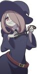  1girl belt brown_hair colored_skin eyeshadow grey_skin grin hair_over_one_eye hat little_witch_academia makeup mascara mike_inel necktie red_eyes robe sharp_teeth smile solo sucy_manbavaran teeth transparent_background upper_body witch_hat 