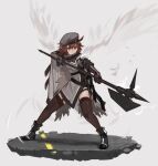  1girl :&lt; ahoge arknights armband beret black_footwear black_gloves black_legwear boots brown_hair cape commentary elbow_gloves english_commentary feathers fighting_stance garter_straps gloves grey_cape grey_headwear grey_tunic hair_between_eyes halberd hat holding holding_polearm holding_weapon infection_monitor_(arknights) paintrfiend plume_(arknights) polearm short_hair solo thigh-highs v-shaped_eyebrows weapon 