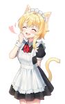  1girl :d ^_^ ^o^ alternate_costume animal_ears apron arm_behind_back bangs blonde_hair blush bow bowtie cat_ears cat_girl cat_tail closed_eyes commentary_request enmaided eyebrows_visible_through_hair genshin_impact hair_between_eyes head_tilt heart highres hue kemonomimi_mode looking_at_viewer lumine_(genshin_impact) maid maid_apron maid_headdress open_mouth short_hair short_hair_with_long_locks short_sleeves sidelocks simple_background smile solo tail wrist_cuffs 