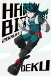  1boy bangs belt bodysuit boku_no_hero_academia buthikireta character_name clenched_hands commentary_request dated elbow_gloves energy freckles gloves green_bodysuit green_hair grey_gloves happy_birthday highres hood hood_down looking_at_viewer male_focus midoriya_izuku pouch red_belt red_footwear short_hair simple_background smile solo white_gloves 