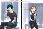  1boy 1girl :d bangs black_bodysuit black_shirt bodysuit boku_no_hero_academia breasts brown_eyes brown_hair buthikireta collarbone commentary_request freckles green_bodysuit green_eyes green_hair heart highres holding holding_phone large_breasts locker locker_room midoriya_izuku open_mouth phone shirt short_hair short_sleeves sitting smile teeth translation_request twitter_username undressing uraraka_ochako white_bodysuit 