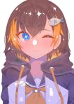  1girl bangs black_hoodie blue_eyes fish_hair_ornament hair_ornament han_peiyu highres hood hoodie looking_to_the_side multicolored_hair nijisanji nijisanji_en one_eye_covered orange_hair petra_gurin portrait sailor_collar short_hair smile solo streaked_hair two-tone_hoodie virtual_youtuber white_background white_hoodie 