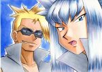  2boys attila_(pokemon) bangs black_eyes blonde_hair blue_background blue_eyes collarbone commentary_request eyebrows_visible_through_hair grey_hair grey_jacket grey_vest highres hun_(pokemon) jacket long_hair looking_down male_focus multiple_boys oka_mochi open_mouth parted_lips pokemon pokemon_(anime) pokemon_(classic_anime) popped_collar shirt smirk spiky_hair sunglasses team_rocket tongue traditional_media vest 