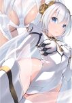  1girl ar_tonelico ar_tonelico_i ass blue_eyes braid breasts closed_mouth gloves hair_ornament highres leotard long_hair looking_at_viewer p_answer shurelia simple_background solo thigh-highs twin_braids very_long_hair white_background white_hair white_legwear 