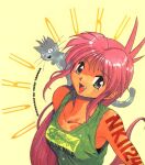  1990s_(style) 1girl all_purpose_cultural_cat_girl_nuku_nuku animal_on_shoulder artist_name bangs black_eyes body_writing cat clothes_writing eyebrows_visible_through_hair fang green_shirt long_hair looking_at_viewer natsume_atsuko official_art open_mouth pink_hair retro_artstyle shirt sleeveless sleeveless_shirt solo takada_yuuzou upper_body very_long_hair yellow_background 