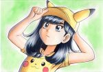  1girl bangs black_hair character_print closed_mouth commentary_request eyelashes green_background grey_eyes hat highres long_hair moon_(pokemon) oka_mochi pikachu pikachu_ears pokemon pokemon_adventures pokemon_ears shirt short_sleeves solo t-shirt traditional_media upper_body yellow_headwear yellow_shirt 