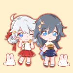  2girls antenna_hair bangs black_hair blue_eyes chibi china_dress chinese_clothes closed_mouth double_bun dress eating food food_in_mouth food_on_face fu_hua full_body hair_between_eyes hair_ornament hand_on_own_cheek hand_on_own_face highres holding holding_food honkai_(series) honkai_impact_3rd kiana_kaslana mooncake multiple_girls one_eye_closed rabbit simple_background smile standing tanghc175 white_hair yellow_background 