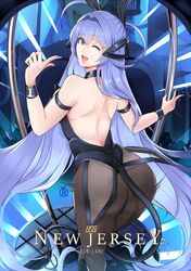  1girl animal_ears azur_lane backless_outfit blue_eyes english_commentary english_text eyebrows_visible_through_hair facing_away fake_animal_ears hair_ornament highleg highleg_leotard highres leotard long_hair looking_at_viewer looking_back nail_polish new_jersey_(azur_lane) one_eye_closed open_mouth pantyhose playboy_bunny pole pole_dancing purple_hair rabbit_ears revolverwing solo 