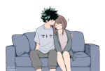  1boy 1girl bangs black_hair boku_no_hero_academia brown_hair brown_pants buthikireta closed_eyes collarbone commentary_request couch couple dated green_hair grey_shirt highres jacket medium_hair midoriya_izuku multicolored_hair on_couch open_clothes open_jacket pants pillow shirt sidelocks simple_background sitting sleeping translation_request twitter_username two-tone_hair uraraka_ochako white_background zzz 