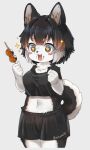  +_+ 1girl :3 :d animal_ears dango dog_ears dog_girl dog_tail fang food food_on_face furry holding holding_food midriff nyifu open_mouth original short_shorts shorts simple_background skewer smile solo tail wagashi 