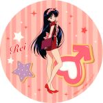  1990s_(style) 1girl apron bare_legs bishoujo_senshi_sailor_moon black_eyes black_hair character_name dress full_body headdress highres hino_rei holding holding_menu index_finger_raised legs long_hair menu official_art one_eye_closed red_dress red_footwear red_theme retro_artstyle short_dress smile solo standing 