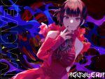  1girl aguilera_(kamen_rider_revice) atamano black_nails brown_hair character_name detached_sleeves dress dutch_angle jewelry kamen_rider kamen_rider_revice red_dress red_eyes ring solo 