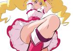  1girl arms_up bangs blonde_hair boots breasts choker closed_mouth cure_peach dress eyebrows_visible_through_hair fresh_precure! fuchi_(nightmare) knee_boots magical_girl medium_breasts momozono_love pink_choker pink_eyes pink_footwear precure puffy_short_sleeves puffy_sleeves short_sleeves simple_background solo twintails white_background 