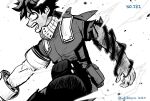  1boy bangs bodysuit boku_no_hero_academia buthikireta commentary_request dated energy from_side green_hair greyscale highres injury male_focus midoriya_izuku monochrome open_mouth pouch short_hair solo teeth twitter_username white_background 