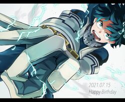  blush elbow_gloves freckles gloves green_eyes green_hair happy_birthday hetero hood hood_down looking_at_viewer male_focus mask mask_removed multiple_boys noizu_(noi_hr)boku_no_hero_academiamidoriya_izukuhighres1boy open_mouth shirt shockwave short_hair simple_background thunder 