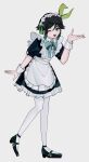  1boy alternate_costume androgynous apron bangs black_footwear black_hair blue_hair bow braid commentary_request enmaided frills full_body genshin_impact gradient_hair green_eyes highres leaf looking_at_viewer maid maid_apron maid_headdress multicolored_hair neon_o_v2 one_eye_closed open_mouth shoes short_hair_with_long_locks sidelocks simple_background skirt sleeve_cuffs smile solo standing twin_braids venti_(genshin_impact) waist_apron white_background 