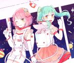  2girls alien bangs commentary_request copyright_request cowboy_shot elbow_gloves fangs gloves green_eyes green_hair hair_ornament holding long_hair mozukuzu_(manukedori) multiple_girls one_eye_closed open_mouth pink_hair planet_hair_ornament science_fiction shooting_star short_hair short_sleeves smile space spacesuit star_(sky) star_(symbol) star_hair_ornament twintails white_gloves yellow_eyes 