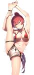  1girl absurdres anklet armpits barefoot bikini breasts earrings heterochromia high_ponytail highleg highleg_bikini highres hololive houshou_marine jewelry large_breasts legs long_hair looking_at_viewer murakami_ryouga necklace red_bikini red_eyes redhead shorts solo split standing standing_on_one_leg standing_split sweat swimsuit thigh_strap thighs trembling virtual_youtuber white_background white_shorts yellow_eyes 