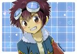  blue_background brown_eyes brown_hair close-up cokotaroh1102 commentary_request digimon eyebrows_visible_through_hair goggles goggles_on_head hair_between_eyes highres jacket looking_at_viewer male_focus solo teeth 