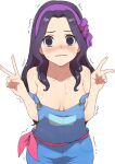  1girl @_@ blue_overalls blush breasts copyright_request cowboy_shot double_v hairband hands_up highres long_hair looking_at_viewer medium_breasts osame purple_hairband red_sash sash simple_background solo sweat trembling v wavy_mouth white_background wide-eyed 