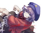  1girl bangs black_neckwear black_ribbon black_skirt blue_eyes cabbie_hat cowboy_shot grin hat hat_ornament jiangshi lace-trimmed_sleeves lace_trim looking_at_viewer mirimo miyako_yoshika ofuda outstretched_arms purple_hair purple_headwear red_shirt ribbon sharp_teeth shirt short_hair short_sleeves simple_background skirt smile solo star_(symbol) star_hat_ornament teeth touhou translation_request twitter_username white_background wide_sleeves zombie_pose 