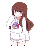  1girl bb_(fate) black_thighhighs brown_eyes brown_hair chan_co collarbone commentary fate/extra fate/extra_ccc fate_(series) highres hood hoodie kishinami_hakuno_(female) long_hair looking_at_viewer sleeves_past_wrists solo symbol-only_commentary thigh-highs white_hoodie 