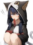  ! !! 1girl absurdres animal_hood arknights bangs bare_legs black_hair blaze_(arknights) blue_eyes blush breasts cat_girl cat_hood cat_tail drawstring eyebrows_visible_through_hair fang feet_out_of_frame highres hood hood_up hoodie long_hair long_sleeves looking_at_viewer medium_breasts mouth_hold no_pants official_alternate_costume simple_background skin_fang solo squatting tab_head tail translation_request two-tone_hoodie very_long_hair white_background 