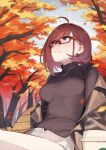  1girl 92m absurdres ahoge autumn autumn_leaves bangs bench blush breasts brown_jacket brown_sweater eyebrows_visible_through_hair highres jacket large_breasts long_hair looking_up medium_hair off_shoulder original outdoors red-framed_eyewear sitting smile solo sweater 
