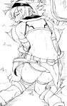 ^^^ absurdres anger_vein ass belt belt_pouch blush closed_eyes drooling from_above greyscale hairband highres horns kirin_(armor) knees_together_feet_apart monochrome monster_hunter_(series) niwarhythm parted_lips pouch single_horn top-down_bottom-up 