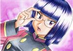  1girl adjusting_eyewear bangs blunt_bangs breasts commentary_request glasses hand_up highres jacket long_sleeves looking_to_the_side matori_(pokemon) oka_mochi open_mouth pokemon pokemon_(anime) pokemon_dppt_(anime) purple_background purple_hair short_hair solo team_rocket tongue traditional_media upper_body violet_eyes 