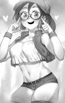  1girl :d absurdres belt blush cowboy_shot crop_top fio_germi glasses greyscale hands_up hat heart highres looking_at_viewer metal_slug micro_shorts monochrome navel niwarhythm open_clothes open_mouth open_vest ponytail round_eyewear shorts skindentation smile solo stomach thigh-highs vest wristband 