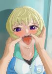  1girl 1other blonde_hair blush copyright_request fangs heart heart-shaped_pupils highres jacket looking_at_viewer open_mouth osame pov pov_hands saliva short_hair symbol-shaped_pupils violet_eyes 