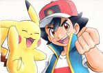  1boy :d ash_ketchum bangs baseball_cap black_hair blue_jacket brown_eyes clenched_hand commentary_request hair_between_eyes hand_up hat highres jacket looking_at_viewer male_focus oka_mochi open_mouth pikachu pokemon pokemon_(anime) pokemon_(creature) pokemon_swsh_(anime) red_headwear shirt short_hair short_sleeves sleeveless sleeveless_jacket smile spiky_hair t-shirt tongue traditional_media upper_body upper_teeth white_background white_shirt 