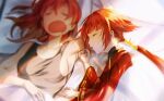  2girls armpits bangs bare_arms bare_shoulders bed benienma_(fate) breasts closed_eyes fate/grand_order fate_(series) fujimaru_ritsuka_(female) highres japanese_clothes kimono lying multiple_girls open_mouth orange_hair pillow red_kimono redhead saliva short_hair sideboob sleeping tamayai vest 