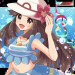  1girl :d bare_arms blue_sarong blue_shirt blush brown_eyes brown_hair bubble character_name collarbone commentary_request cosplay eyelashes flower gloria_(pokemon) gloria_(pokemon)_(cosplay) hand_up haru_(haruxxe) hat hat_flower jewelry leaf_(pokemon) navel necklace open_mouth pokemon pokemon_(game) pokemon_frlg pokemon_masters_ex purple_flower sarong shirt sleeveless sleeveless_shirt smile solo tongue white_headwear 