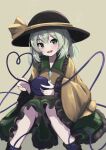  1girl :d blush feet_out_of_frame frills green_eyes grey_background hat heart heart_of_string highres komeiji_koishi light_green_hair looking_at_viewer simple_background sitting smile solo third_eye totoraisu touhou wide_sleeves 