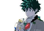  1boy bangs boku_no_hero_academia buthikireta closed_mouth commentary_request gloves green_eyes green_hair grey_jacket hands_up holding jacket male_focus mask mask_removed midoriya_izuku mouth_mask necktie red_neckwear school_uniform shirt short_necktie simple_background solo u.a._school_uniform upper_body white_background white_gloves white_shirt 