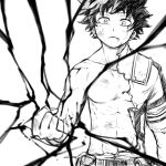  1boy bangs belt black_hair blood blood_from_mouth blush bodysuit boku_no_hero_academia bruise buthikireta clenched_hand closed_mouth commentary_request cowboy_shot energy expressionless freckles greyscale injury looking_at_viewer male_focus midoriya_izuku monochrome pouch short_hair simple_background solo torn_bodysuit torn_clothes upper_body white_background 