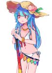  1girl :t adapted_costume bangs bikini blue_hair blue_nails bracelet brown_headwear commentary_request cowboy_shot food fruit hat hat_ornament hinanawi_tenshi jewelry long_hair mozukuzu_(manukedori) peach red_eyes side-tie_bikini simple_background solo straw_hat swimsuit sword_of_hisou touhou white_background white_bikini 