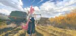  1girl animal_ears black_gloves blue_overalls blue_sky chinese_commentary cigarette clouds cloudy_sky combine_harvester commentary_request feet_out_of_frame field fox_ears fox_girl fox_tail gloves gloves_removed ground_vehicle highres holding holding_cigarette looking_to_the_side motor_vehicle original outdoors pink_hair red_eyes shirt single_glove sky solo tail wheat wheat_field white_shirt yi_neng_ren_xiao_zao 