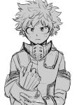  1boy adjusting_clothes adjusting_gloves bangs bodysuit boku_no_hero_academia buthikireta closed_mouth freckles frown gloves greyscale looking_at_viewer male_focus messy_hair midoriya_izuku monochrome short_hair simple_background solo twitter_username upper_body white_background 