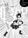  1boy 1girl arm_up bangs bare_shoulders blush_stickers boku_no_hero_academia boots buthikireta cat_tail commentary_request cosplay emphasis_lines facial_mark fur_trim greyscale helmet high_heel_boots high_heels highres knee_boots leaning_forward mandalay_(boku_no_hero_academia) mandalay_(boku_no_hero_academia)_(cosplay) midoriya_izuku midriff monochrome navel numbered o-ring pixie-bob_(boku_no_hero_academia) pixie-bob_(boku_no_hero_academia)_(cosplay) short_hair skirt speech_bubble standing stomach tail translation_request twitter_username uraraka_ochako whisker_markings white_background 