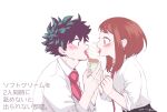  1boy 1girl bangs blush boku_no_hero_academia brown_hair buthikireta clenched_hand commentary_request dated food freckles green_hair highres ice_cream ice_cream_cone licking long_sleeves looking_at_another midoriya_izuku necktie red_neckwear scar_on_hand school_uniform sharing_food shirt short_hair short_necktie simple_background teeth tongue tongue_out translation_request twitter_username u.a._school_uniform upper_body upper_teeth uraraka_ochako white_background 