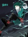  1boy ass bangs black_footwear boku_no_hero_academia boots buthikireta character_name commentary_request dated elbow_gloves energy freckles gloves green_eyes green_gloves green_hair hand_up highres midoriya_izuku night outdoors red_footwear shoes short_hair solo twitter_username watermark white_gloves 