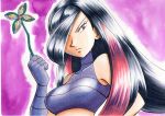 1girl bangs bare_shoulders black_hair breasts closed_mouth collarbone commentary_request eyelashes frown gloves hair_over_one_eye hand_up highres holding long_hair looking_down lucy_(pokemon) oka_mochi pinwheel pokemon pokemon_(game) pokemon_emerald pokemon_rse purple_background purple_gloves purple_shirt red_eyes redhead shiny shiny_hair shirt solo traditional_media upper_body 